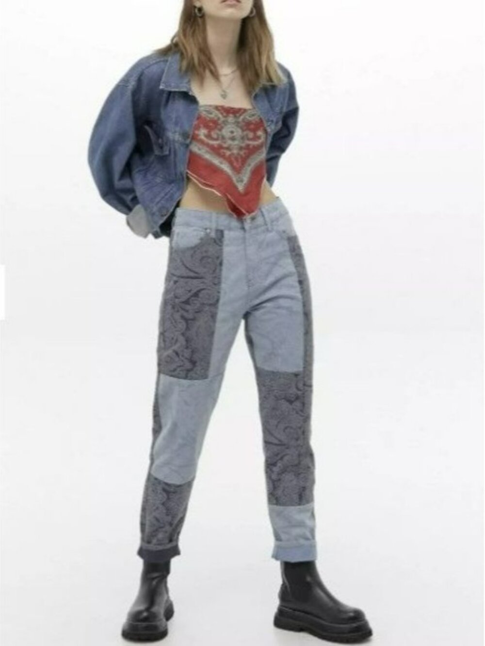BDG Urban Outfitters Blue Paisley Patchwork Bandana Print Mom Jeans Retro Vtg - Picture 1 of 11